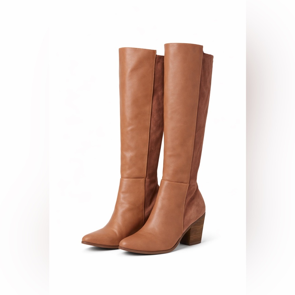 Orson Knee-High Boots | Tan Faux Leather & Suede | Block Heel | Size 7.5
